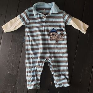 Small Wonders Blue Grey Stripe Romper Walrus Boy